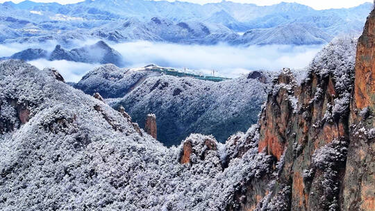 浦江仙华山雪景云雾长焦航拍