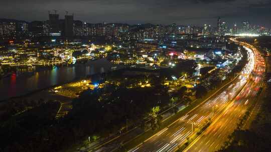 深圳滨海大道车流欢乐海岸夜景航拍延时