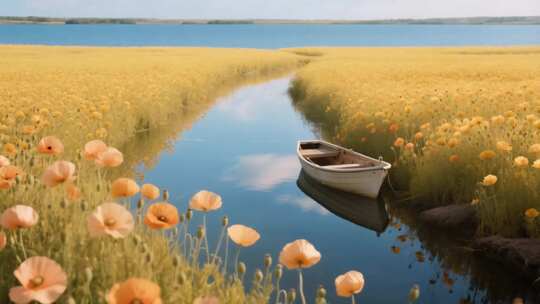 湖畔花海中的小船风景