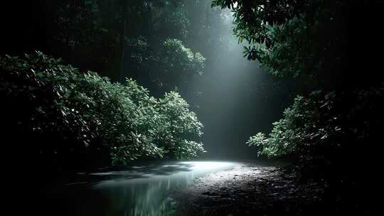 幽静森林月光洒在水面宁静氛围