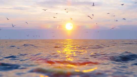 清晨海面日出海鸥群飞翔唯美风景