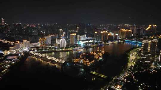 福州夜景航拍闽江之心中洲岛夜晚城市风光