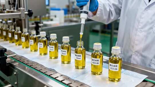 药厂工人流水线操作灌装药液