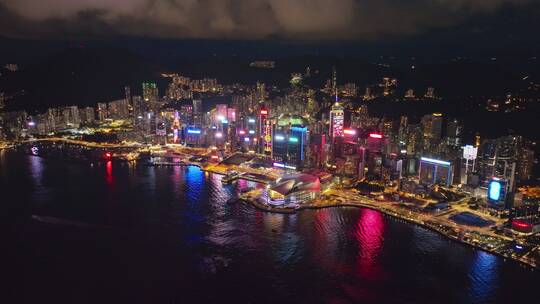 航拍中国香港维多利亚港现代城市夜景