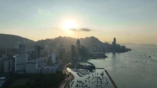 香港大景航拍维多利亚港太平山日落海湾风光