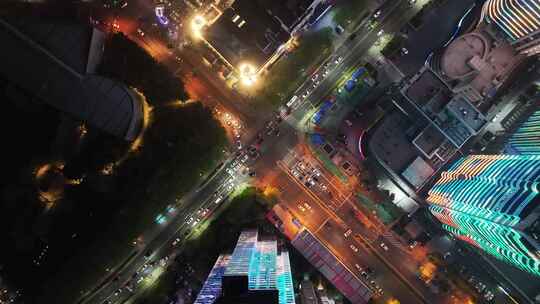 山东省青岛市十字路口车流夜景航拍夜晚山东