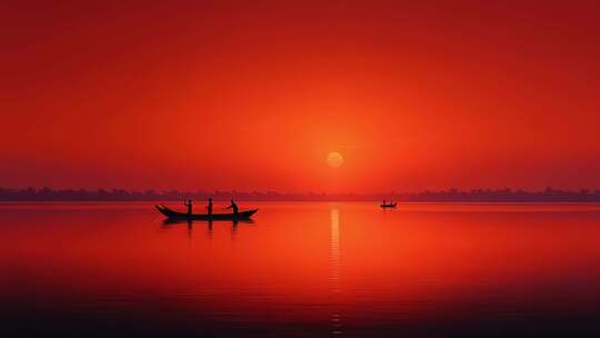 落日余晖下静谧的湖面渔船剪影
