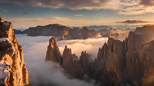 壮观云海中的奇特山峰自然景观