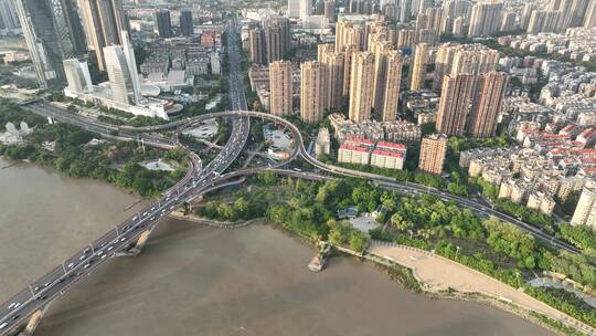 航拍福州闽江尤溪洲大桥道路江景