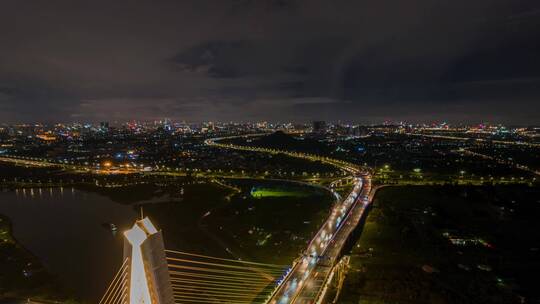 佛山地标三龙湾大道夜景马路航拍延时