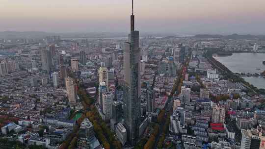 江苏南京CBD紫峰大厦建筑群夜景航拍