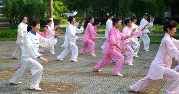 一组公园老人打太极休闲生活镜头