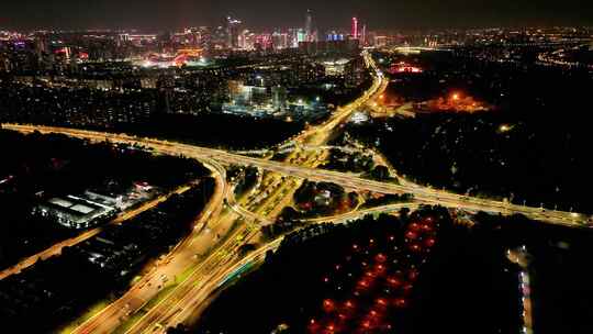 航拍南京内部南线立交桥快速路夜景车流