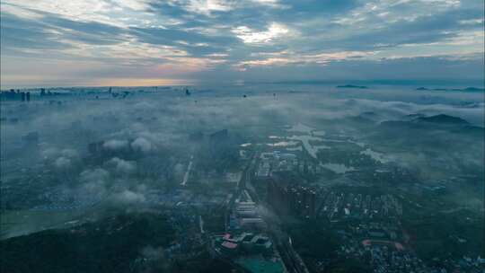 航拍杭州城市平流雾延时视频素材模板下载