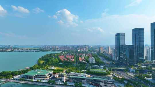 江苏苏州金鸡湖景区东方之门唯美大气城市风景风光素材航拍视频素材模板下载