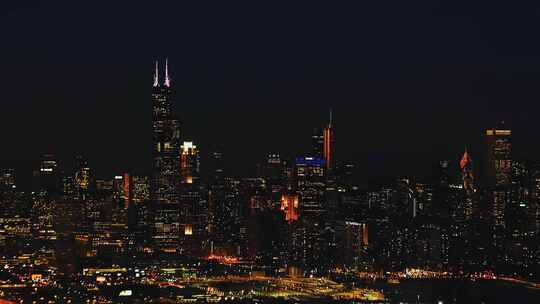 城市航拍芝加哥市中心摩天大楼夜景灯光南区