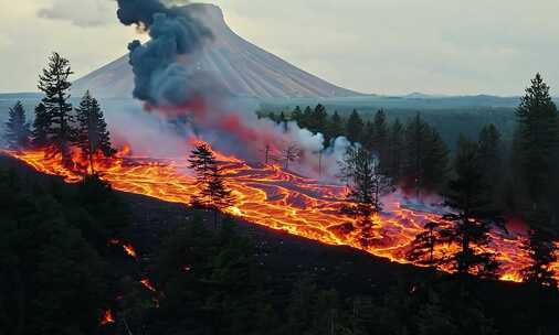 火山喷发，岩浆流淌于山林间的景象