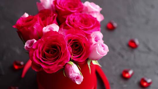 红色盒子里装着粉色玫瑰花束