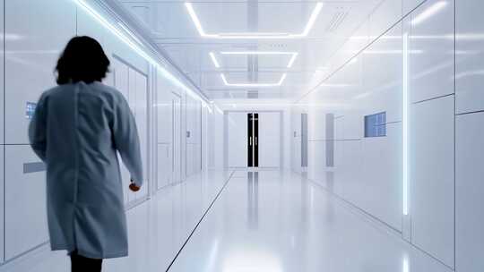穿着白大褂的科研人员在未来感走廊行走