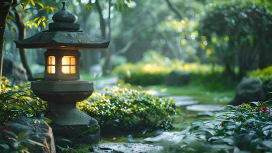 日式庭院石灯笼与花园禅院