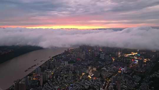 航拍湖北宜昌城市日落晚霞云海