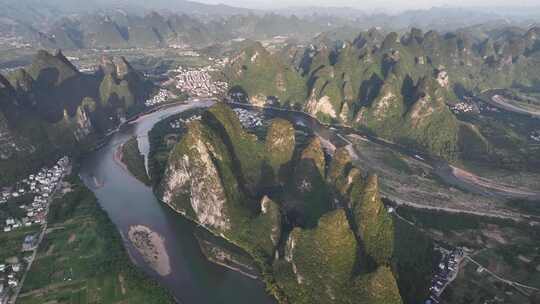 广西桂林阳朔兴坪古镇峰林航拍日落夕阳风光