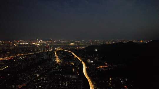 杭州城市夜幕降临夜景交通航拍