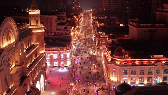 哈尔滨中央大街夜景航拍视频素材模板下载