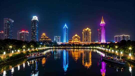 城市河流夜景高楼灯光倒影
