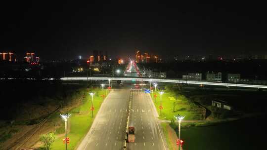 夜晚道路航拍马路公路交通晚上城市道路夜景