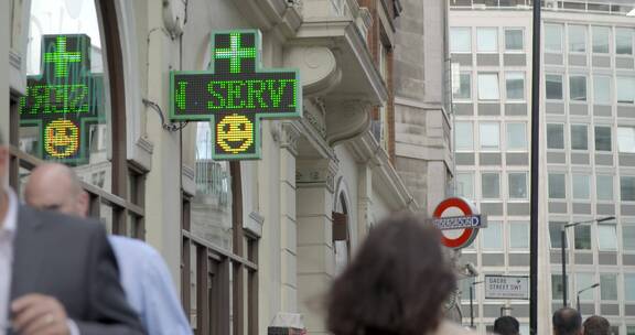 伦敦的药房和地铁标志