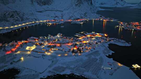 挪威罗弗敦群岛北极圈雷纳冬季雪景高空航拍