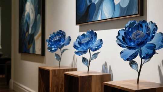 室内蓝色玻璃花摆件特写