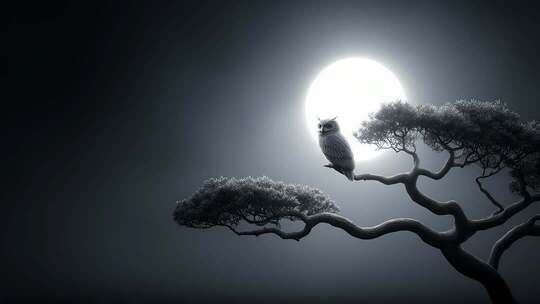 月夜松枝栖息猫头鹰的静谧剪影