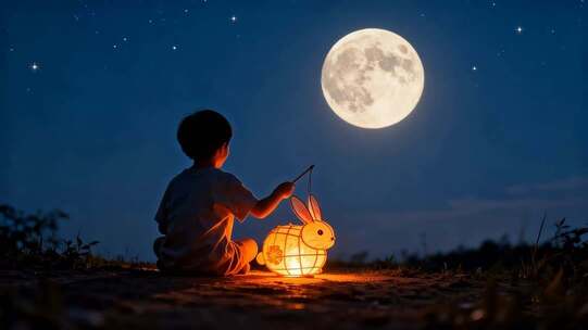 小孩月夜玩兔子灯笼