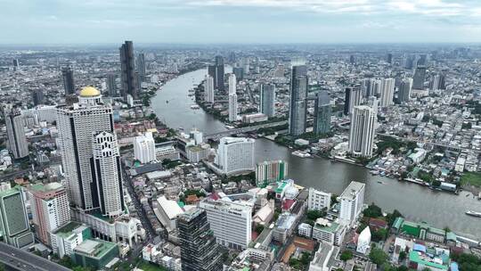 航拍泰国曼谷湄南河城市高楼天际线风光