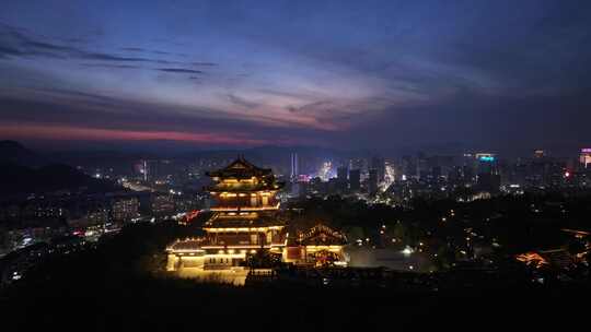 新昌县鼓山公园天姥阁夜景航拍