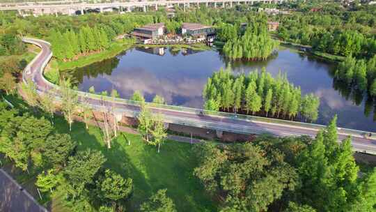 成都白鹭湾湿地公园和城市绿道白昼航拍实时