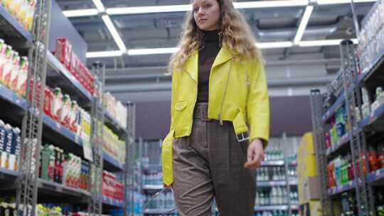 穿着醒目黄色夹克的年轻女子自信地走在超市