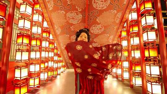古装女子于灯笼间舞动衣袖