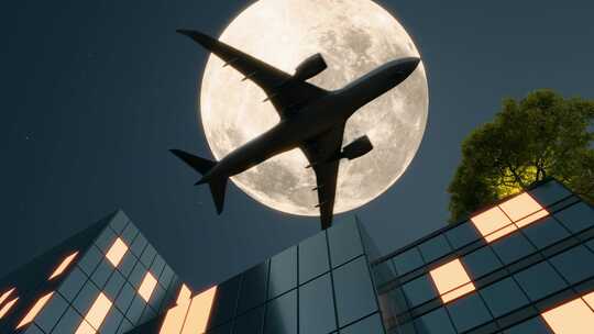 在城市高楼中看月亮有飞机飞过