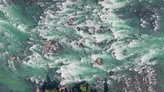 航拍夏天新疆喀纳斯河湍急的流水视频素材模板下载