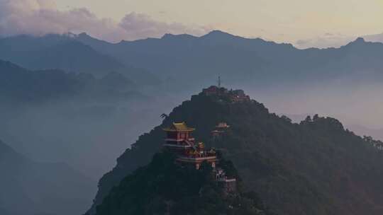 航拍秦岭山南五台寺庙日落夜景灯光