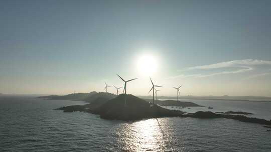 大海日出风车航拍海岛海上发电海洋风力发电