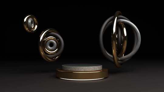 最小场景与讲台和抽象背景。金色和柔和的彩