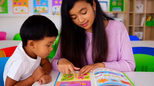 幼儿园老师辅导小孩学习