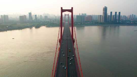 湖北省武汉市鹦鹉洲长江大桥日出航拍