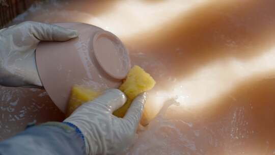 景德镇陶瓷工人匠人清洗陶瓷坯过程