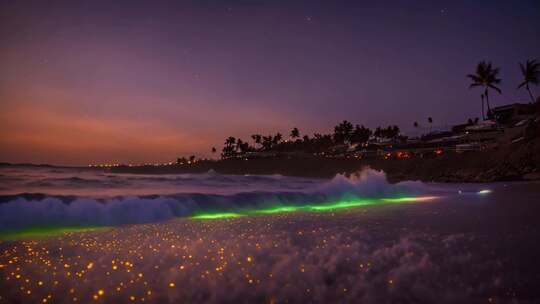 夜间海滩海浪与荧光海景观