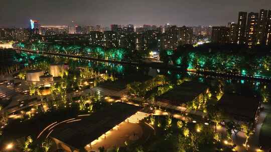 杭州拱墅区小河公园夜景航拍